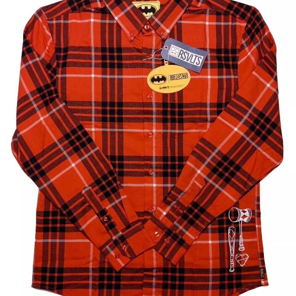 RSVLTS Batman Harley Long Sleeve Flannel Shirt Red Plaid Medium M ~ New